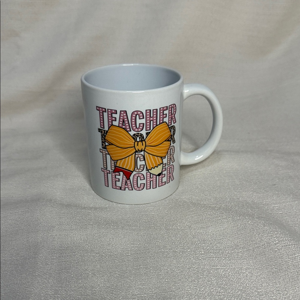 White Teacher Mug with Yellow Pencil Bow Design